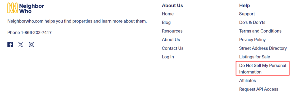 Screenshot of NeighborWho's footer highlighted for "Do Not Sell My Personal Information"