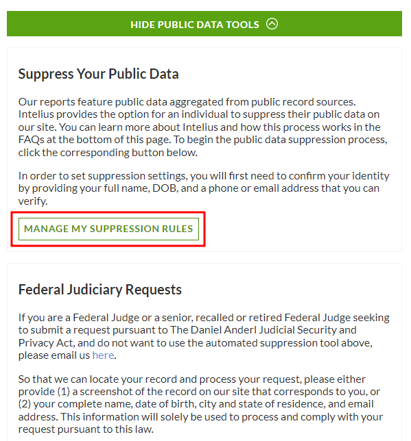 Screenshot of Suppress Your Public Data section on Intelius