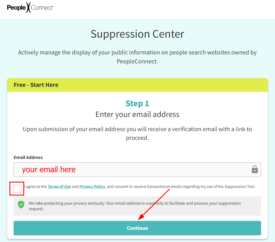 Screenshot of Suppression Center on PeopleConnect
