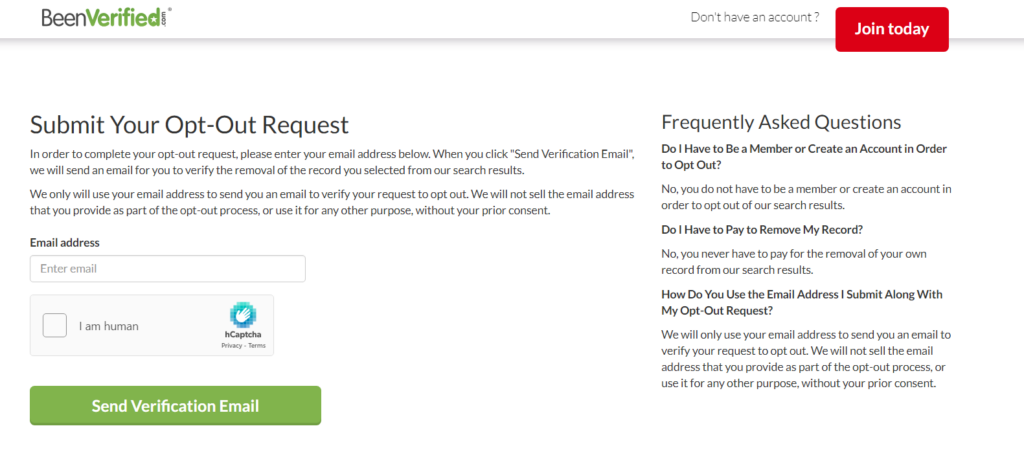 Screenshot of the opt out form on BeenVerified