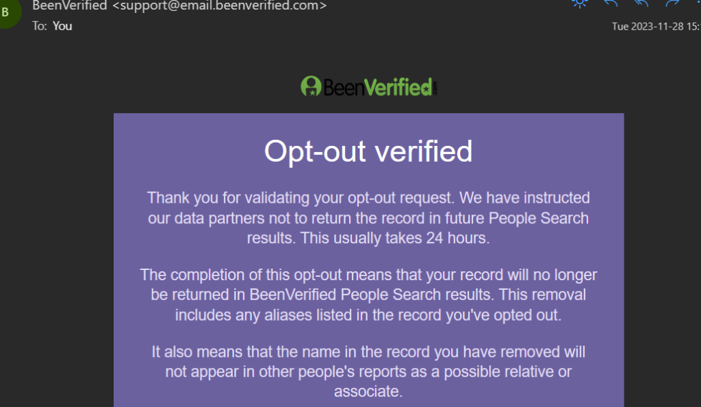 Screenshot of opt out verification email from BeenVerified