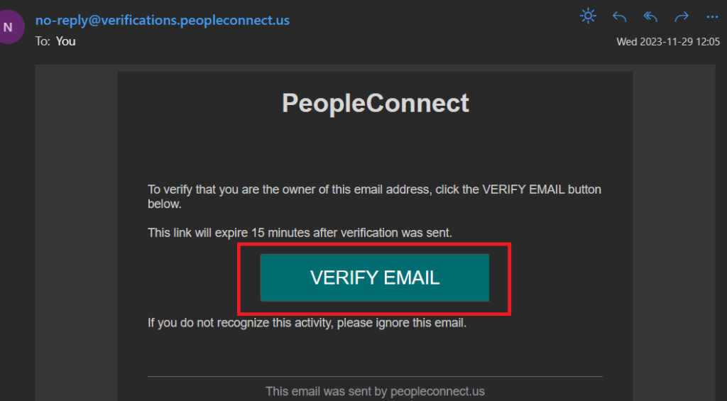 Screenshot of verification email by PeopleConnect