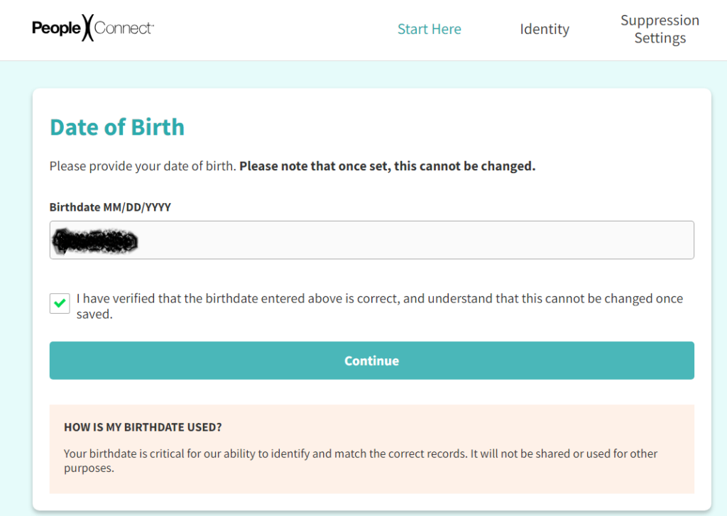Screenshot of PeopleConnect page requiring Date of Birth