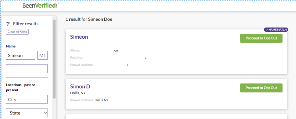Screenshot of search results on the BeenVerified
