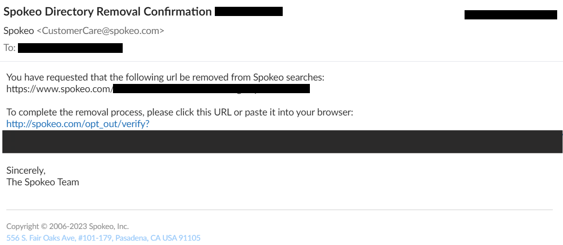 Spokeo Opt Out Request Confirmation