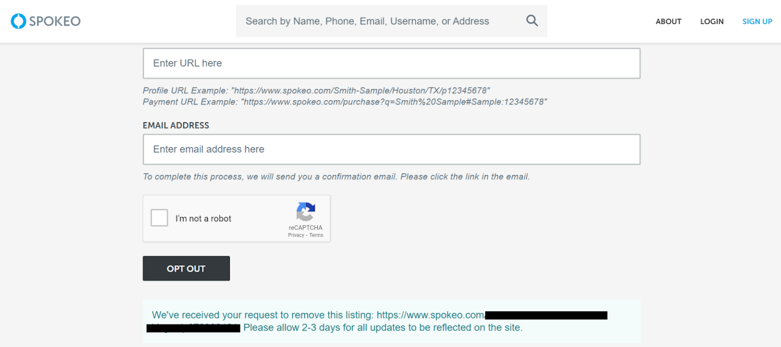 Opt Out Confirmation Message From Spokeo