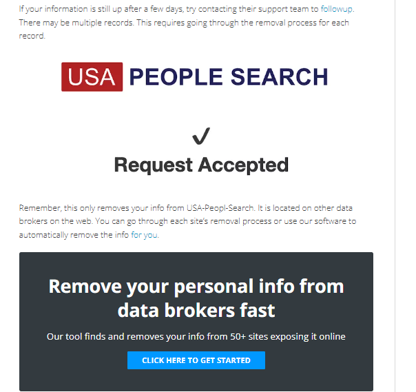 Screenshot of the USAPeopleSearch opt out confirmation