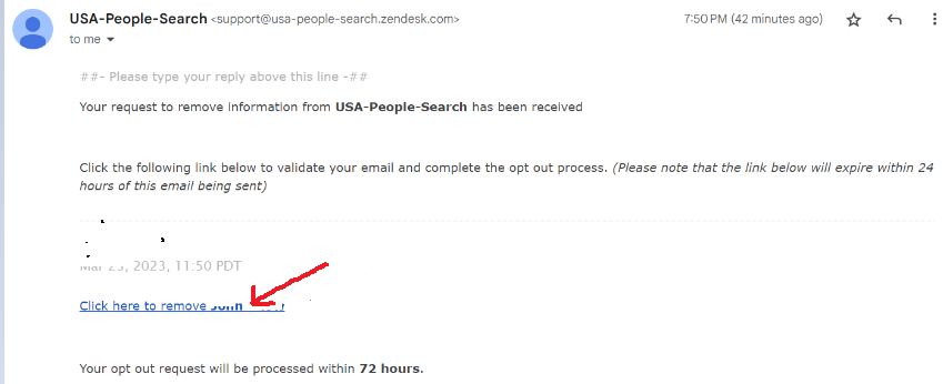 Screenshot of email received for opt out from USAPeopleSearch