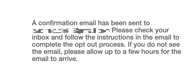 Screenshot of the confirmation message for opt out from USAPeopleSearch
