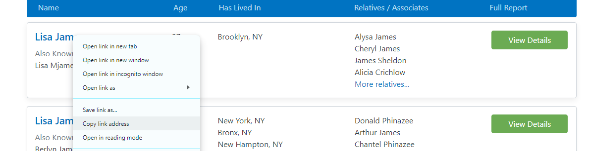 Copy links From People Finders