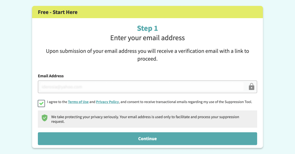 Enter email address to us search opt out form