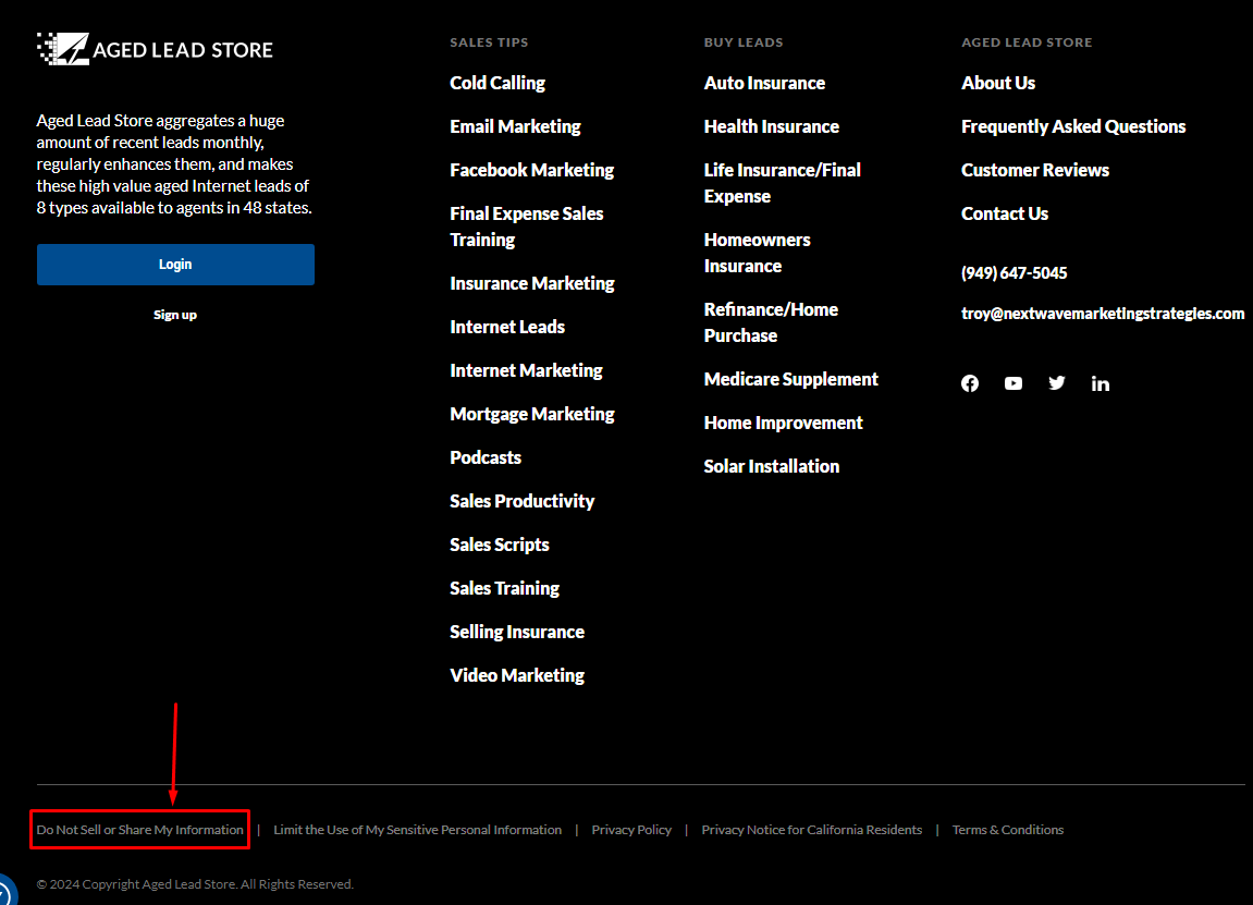 Navigate to aged lead store do not sell my info page