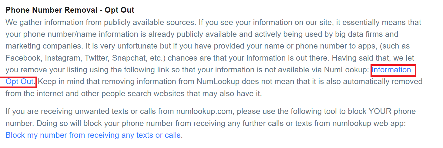 Navigate to Numlookup opt out form