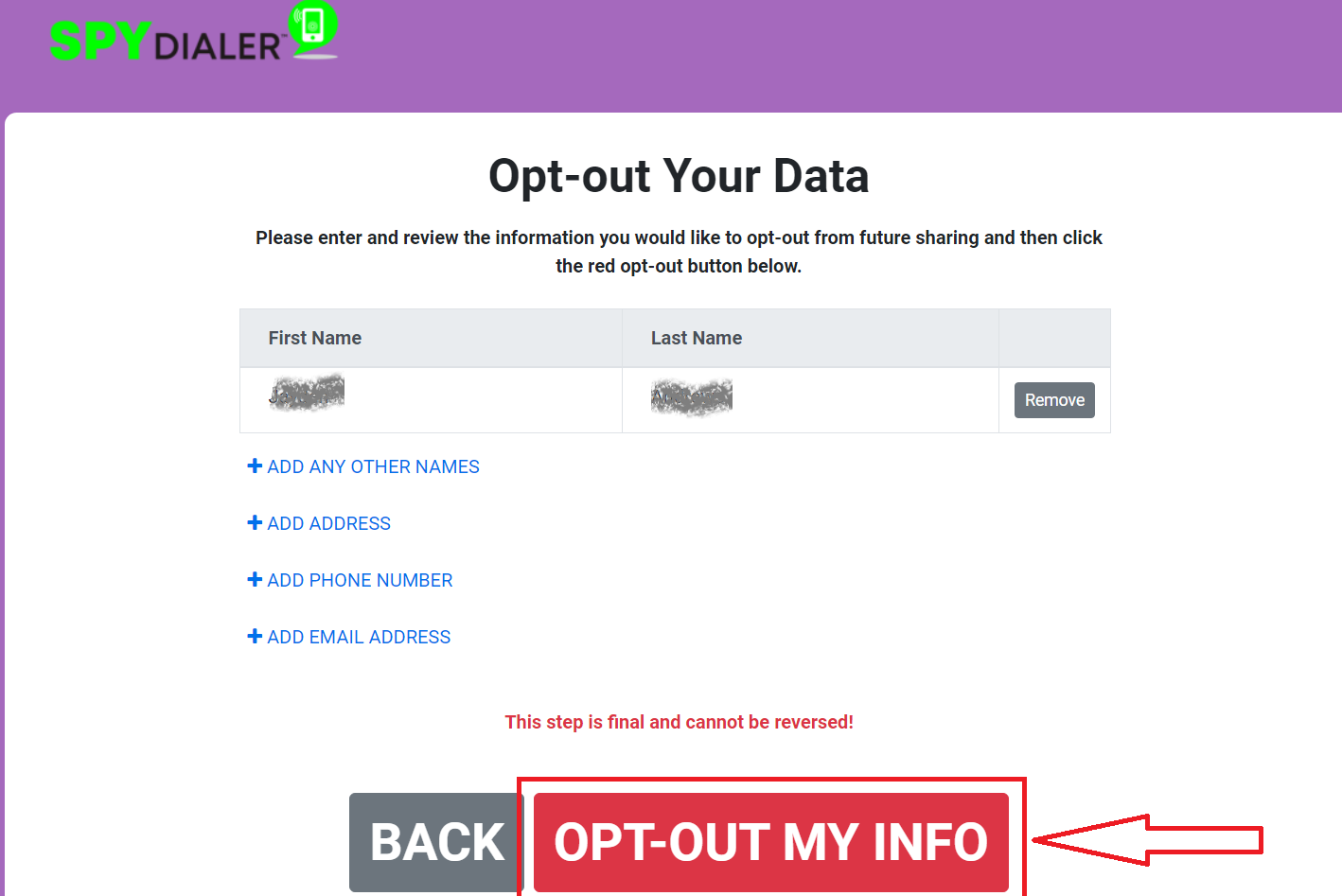 Opting out data from spydialer