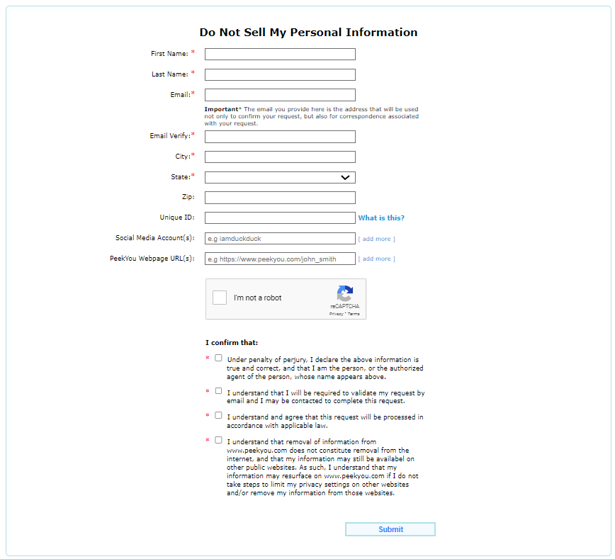 Peekyou Opt Out Form