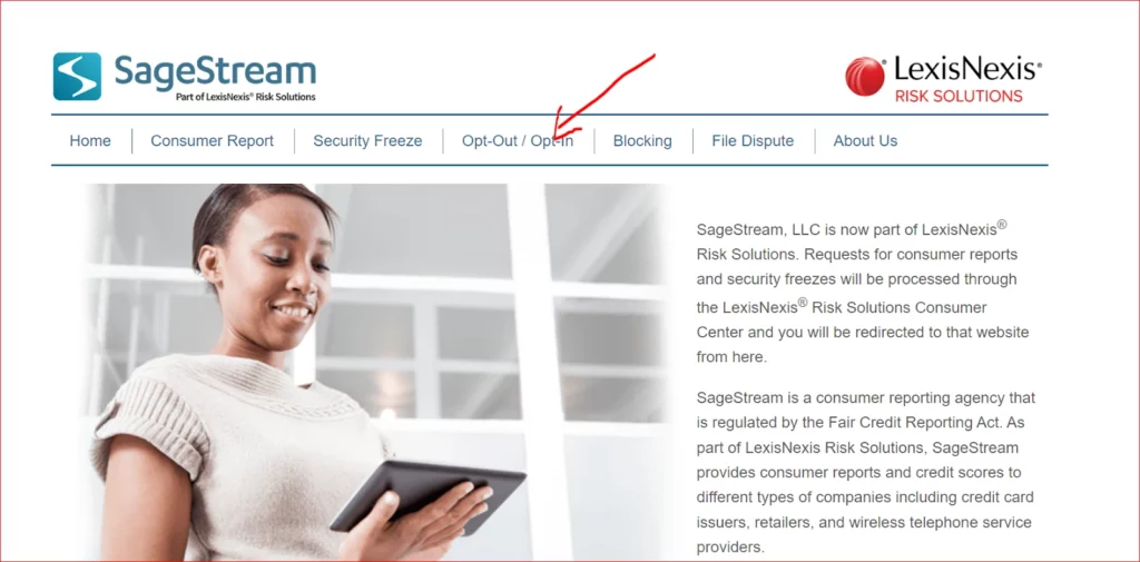 Navigating to Sagestream opt out page from home page