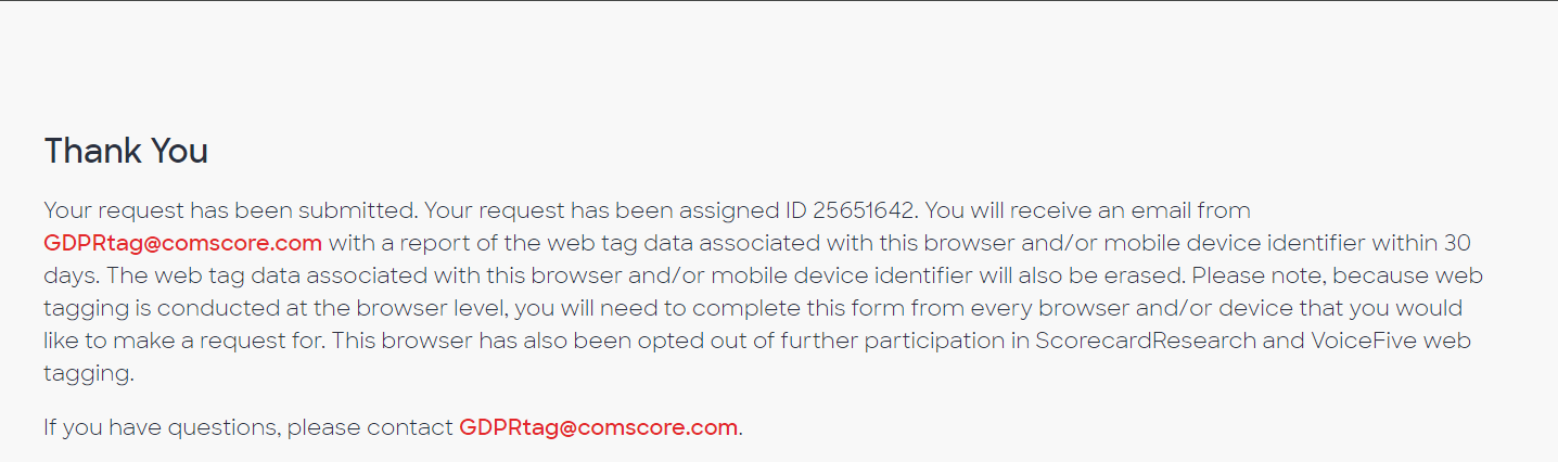 Screenshot of Comscore's opt out confirmation