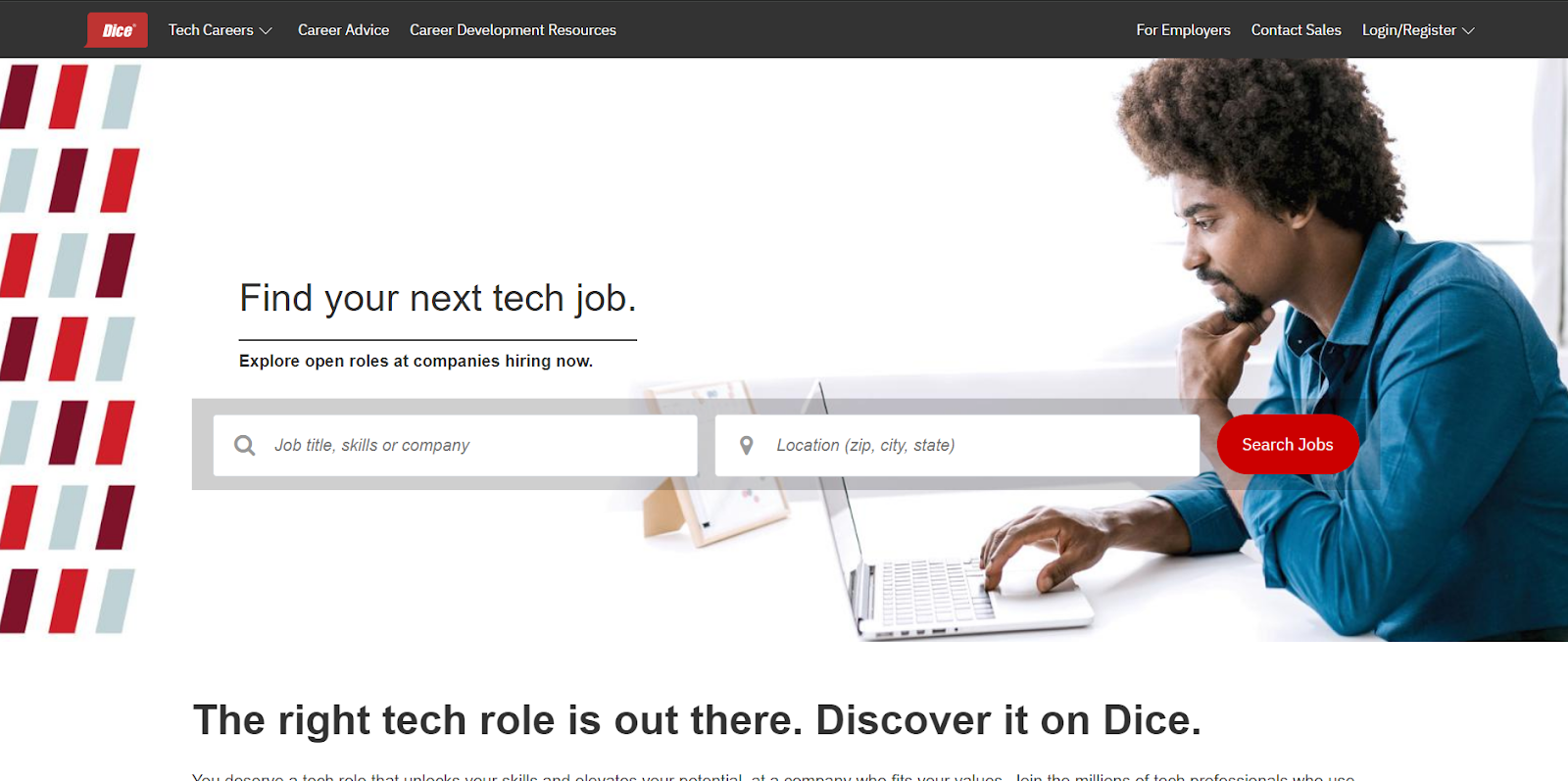 Screenshot of Dice's homepage