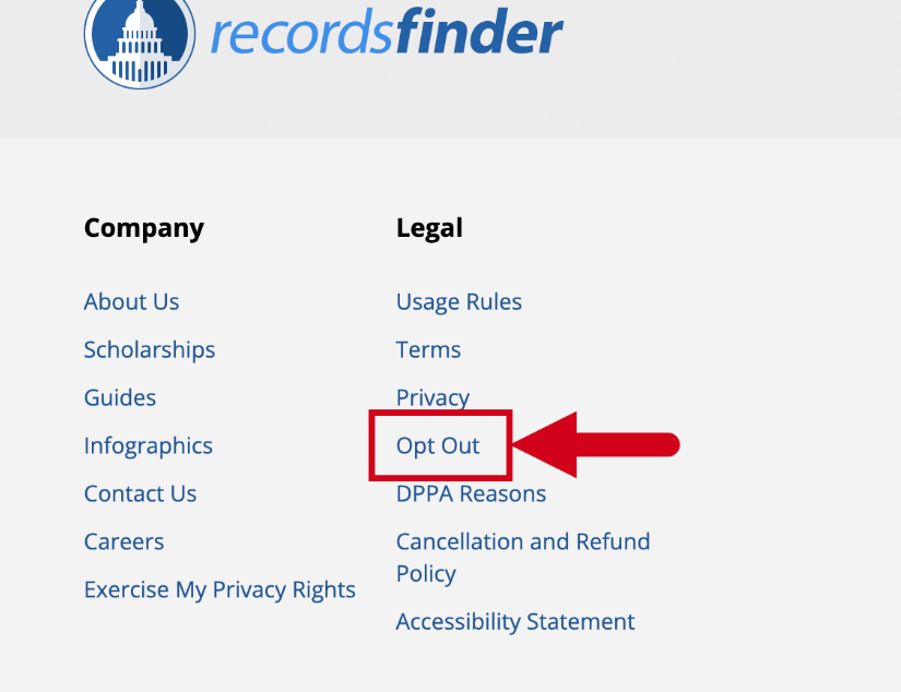 Navigate to recordsfinder opt out page