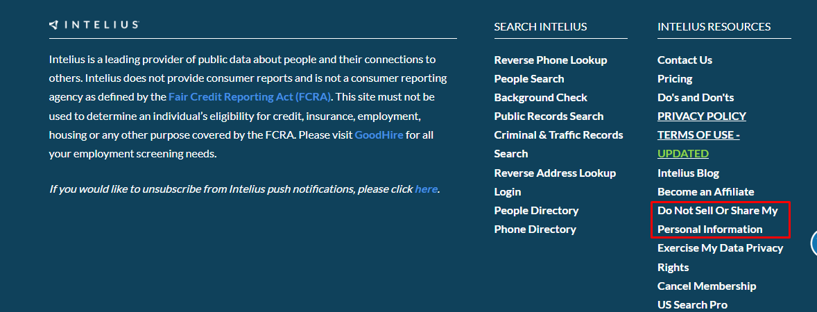 navigate to intellius donot sell my page for instantpeoplefinder opt out