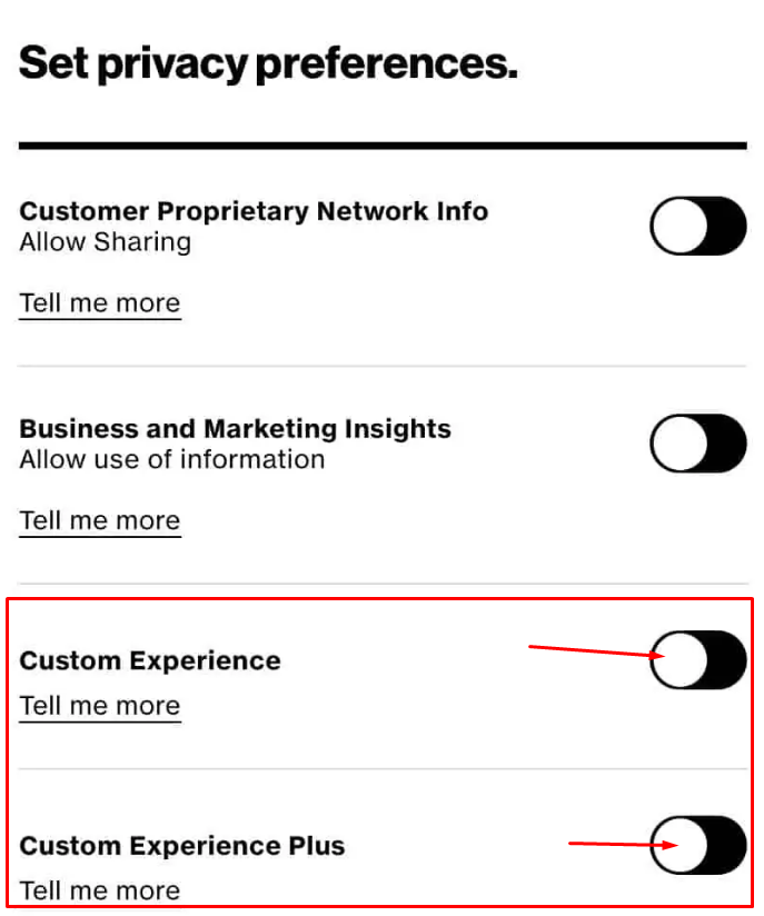 toggle off Custom Experience and Custom Experience Plus