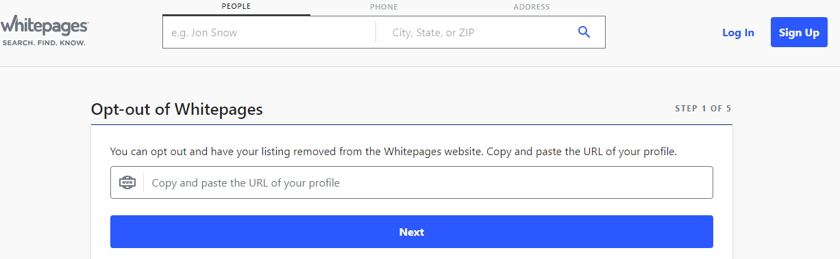 whitepages opt out page