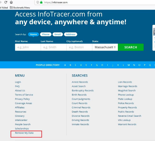 Click Remove my Data after visiting the InfoTracer website