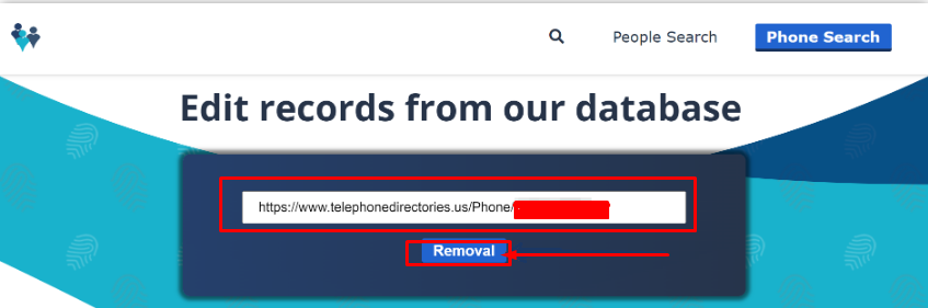 Paste the copied URL into the form and start removal from telephone directories