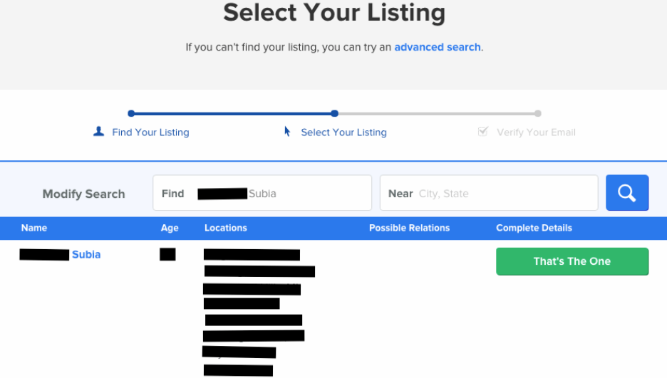 Upon locating your listing, select That's The One