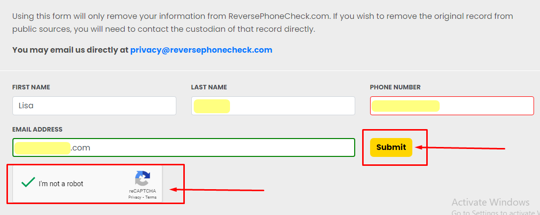 complete the Captcha to start opting out from reversephonecheck