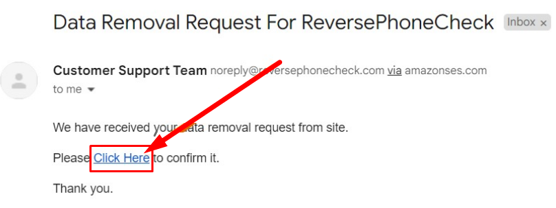 open an email from ReversePhoneCheck in the mail folder