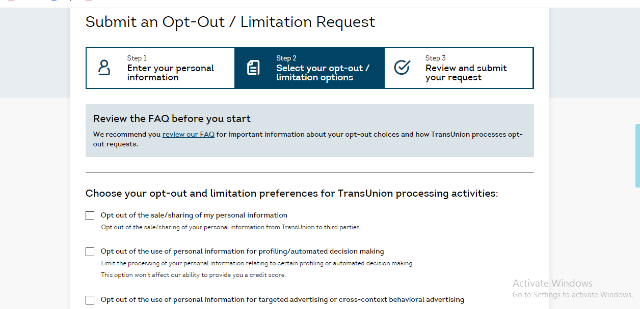 opt-out preferences for TransUnion