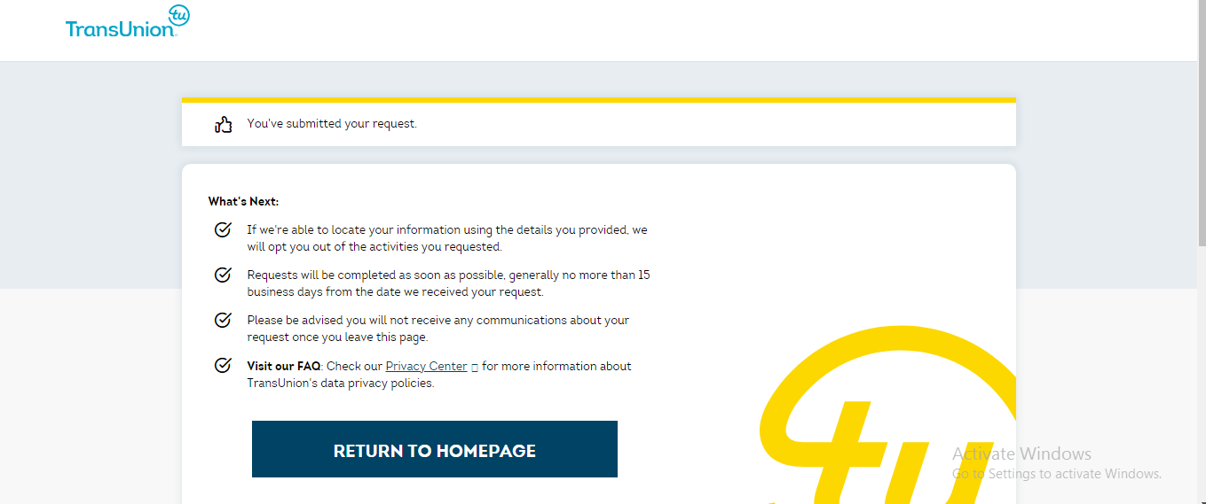 opt out request submitted on transunion