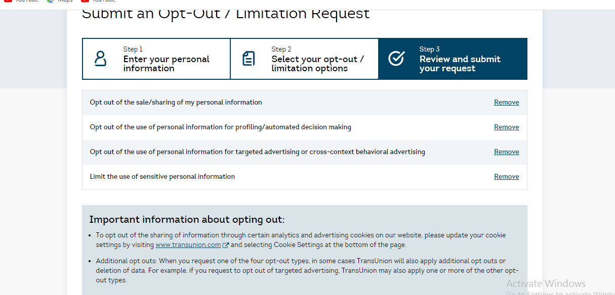 you have to review and submit your request on transunion