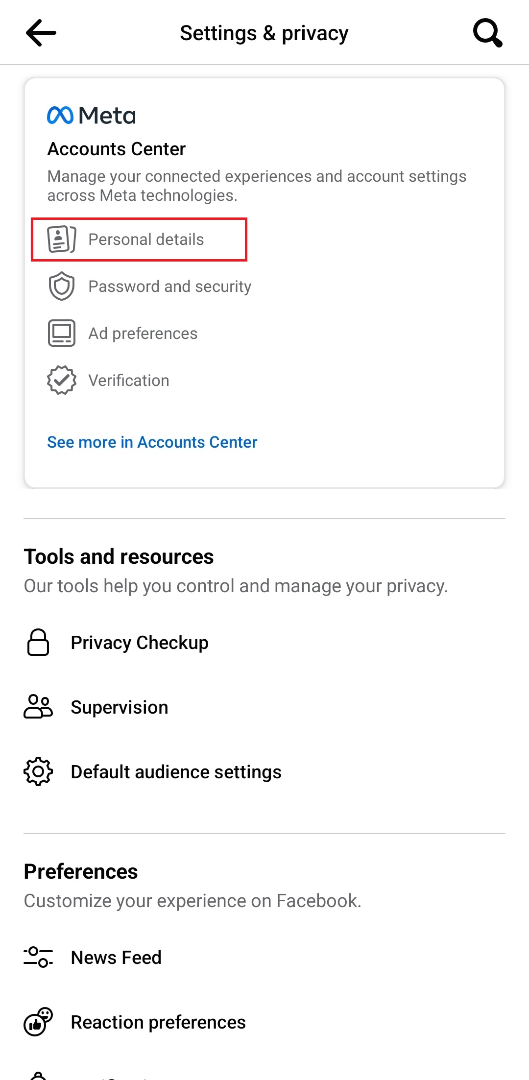 Facebook account settings option