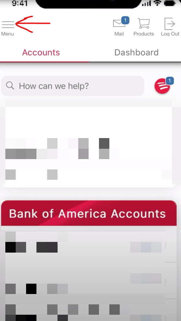 navigate to menu option of bank of america