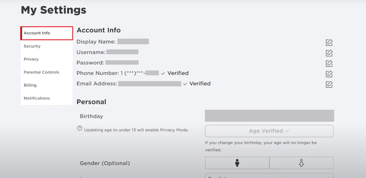 Robolox account setting option