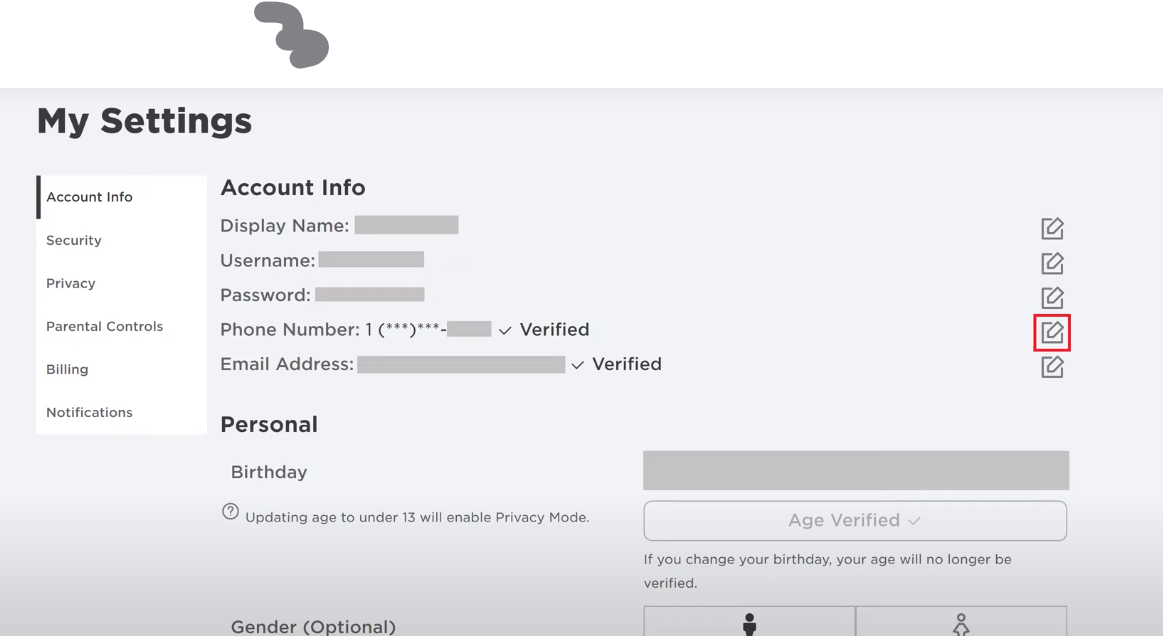 Start editing phone number on Roblox