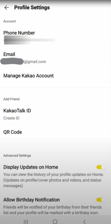 start changing phone number form kakao talk