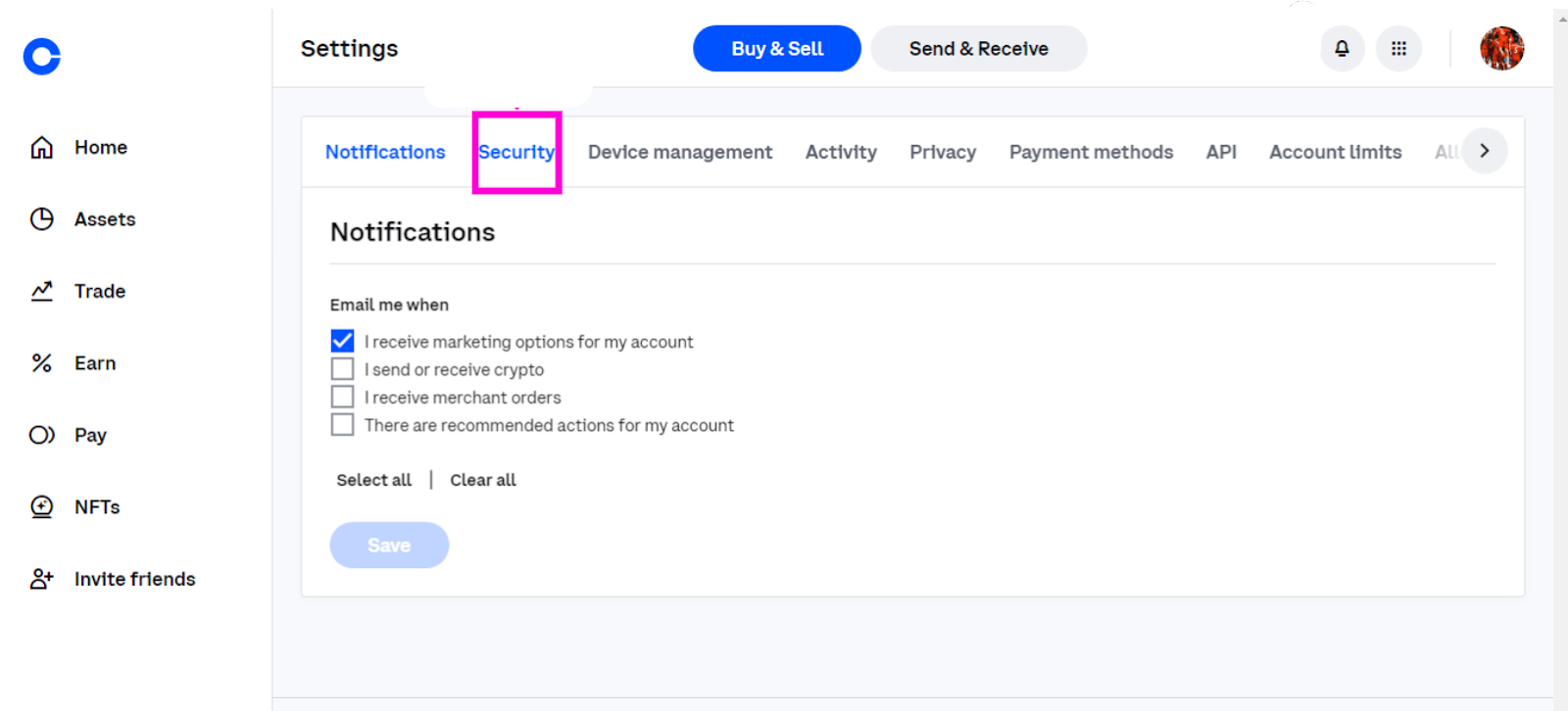 navigate to coinbase account security