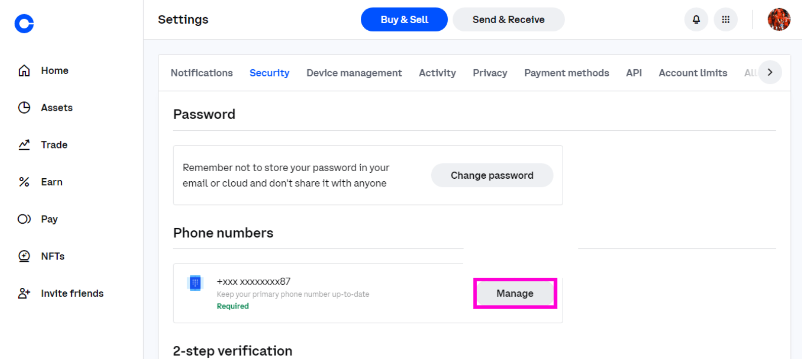 navigate to coinbase phone number management