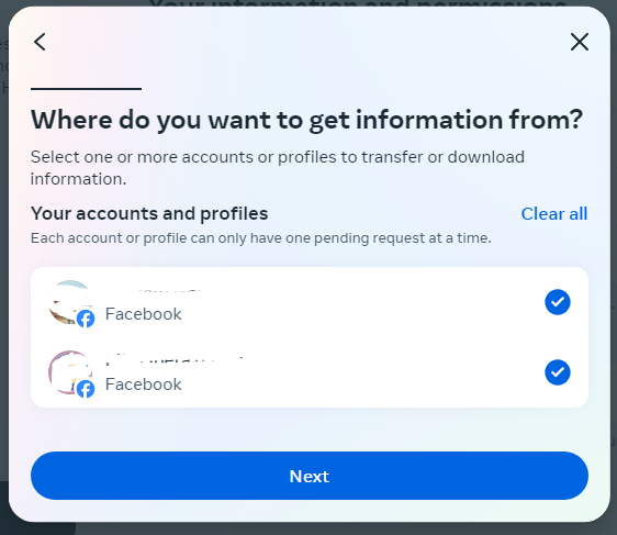 select profile to download data from facebook