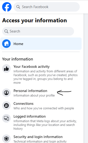 select personal information from access your information section