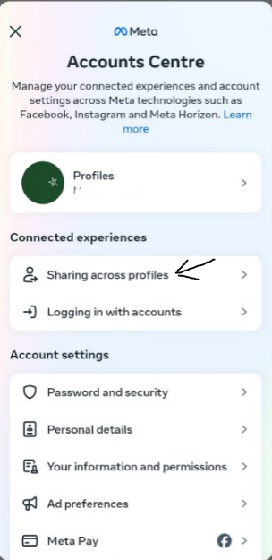 Navigate to sharing across profile section