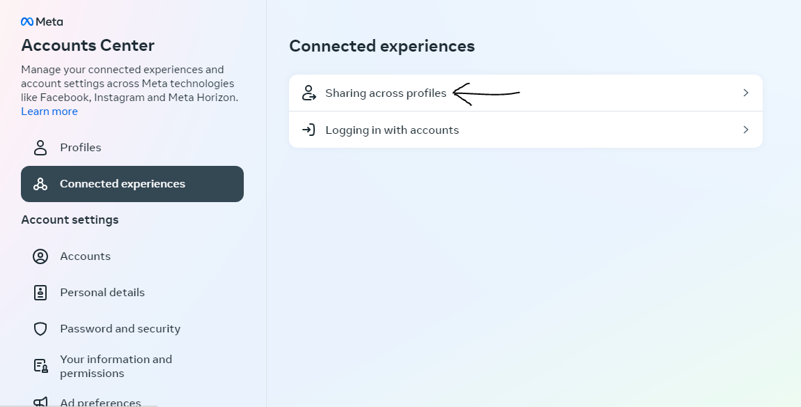 Navigate to sharing across profiles section
