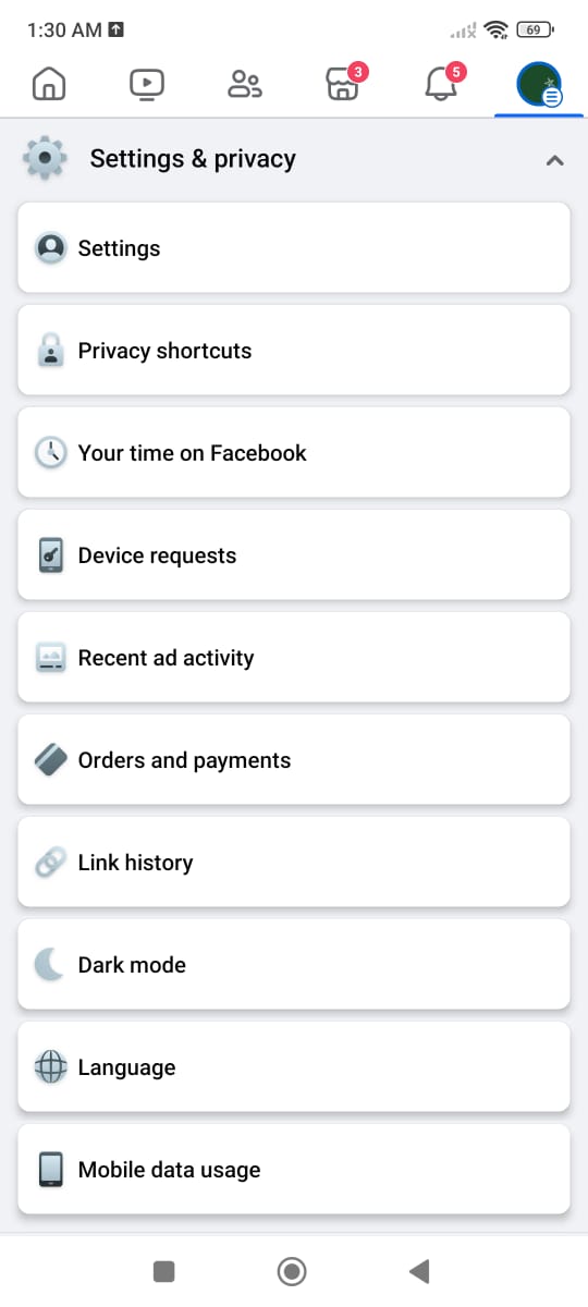 Navigate to facebook setting on application