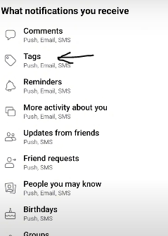 Navigate to facebook tags option