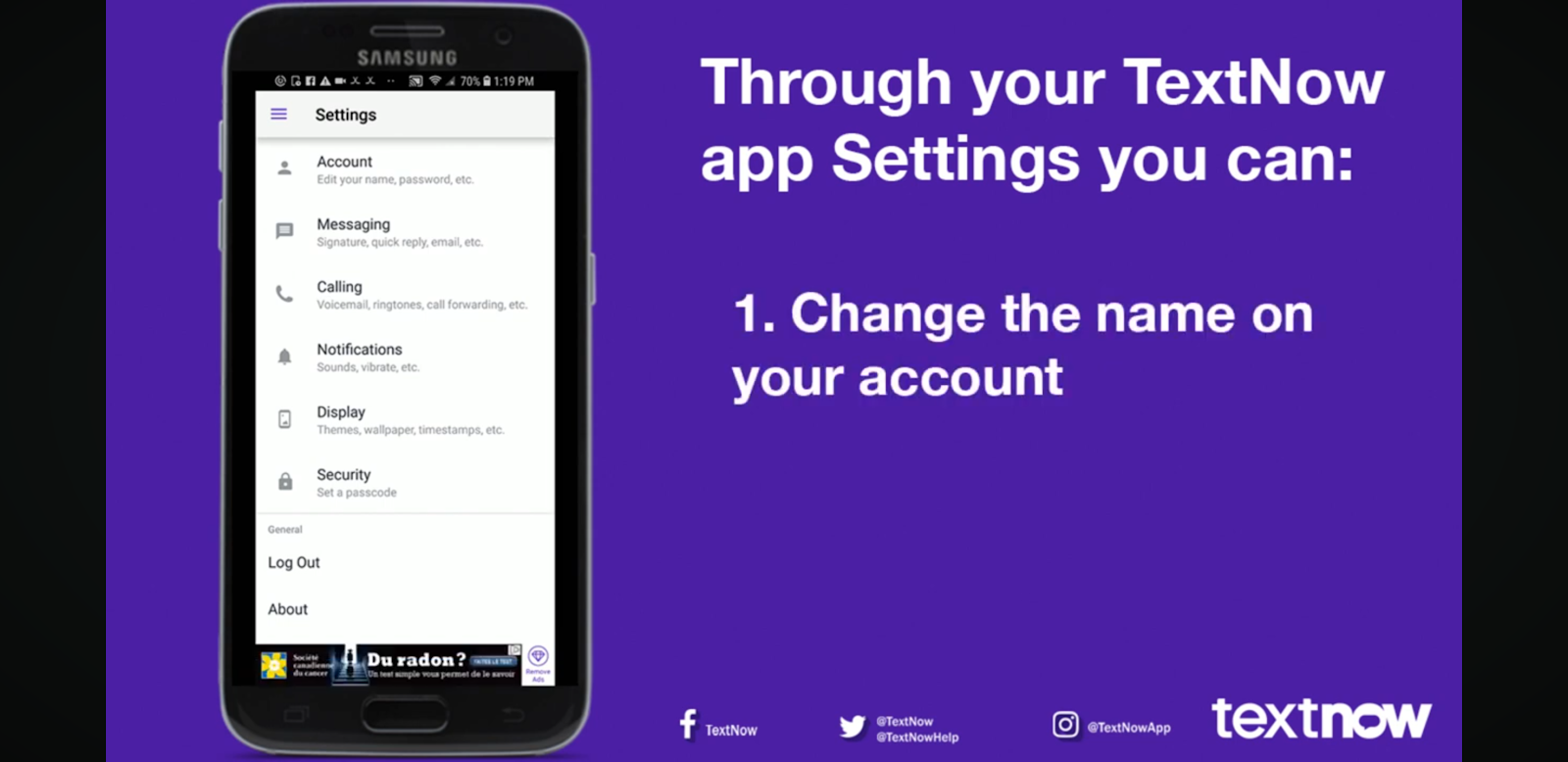 Screenshot TextNow app Settings