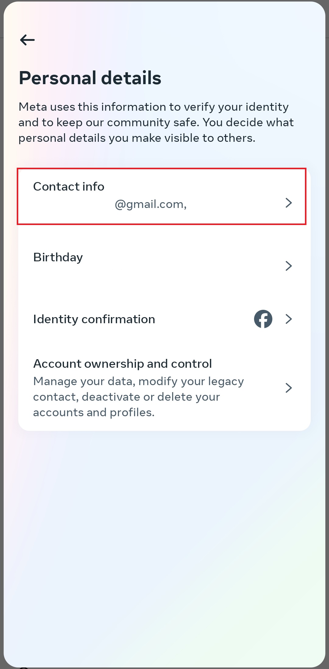 personal details settings on facebook meta