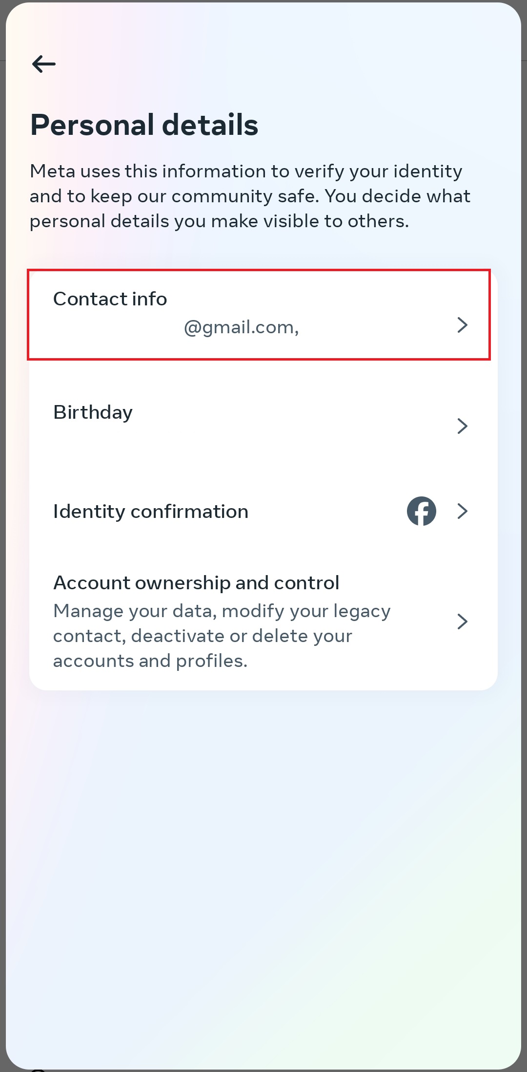 personal details settings on facebook meta